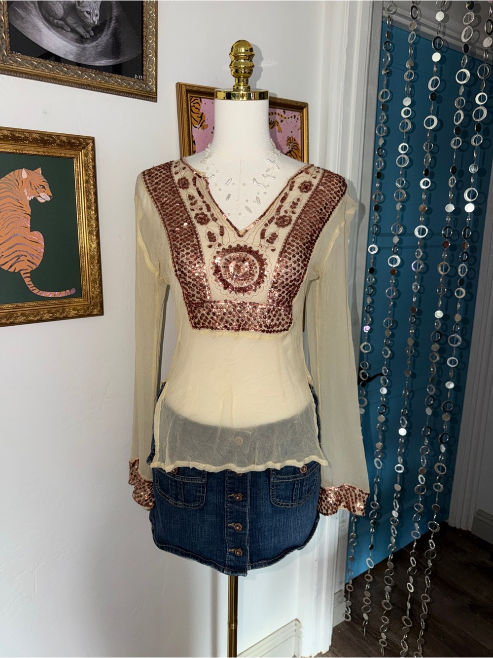 Vintage Y2K Sheer Cream Long-Sleeve Top with Sequin Embellished V-Neck